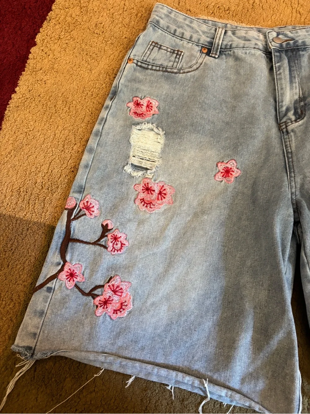 ROMWE Light Blue Denim Shorts with Pink Floral Embroidery